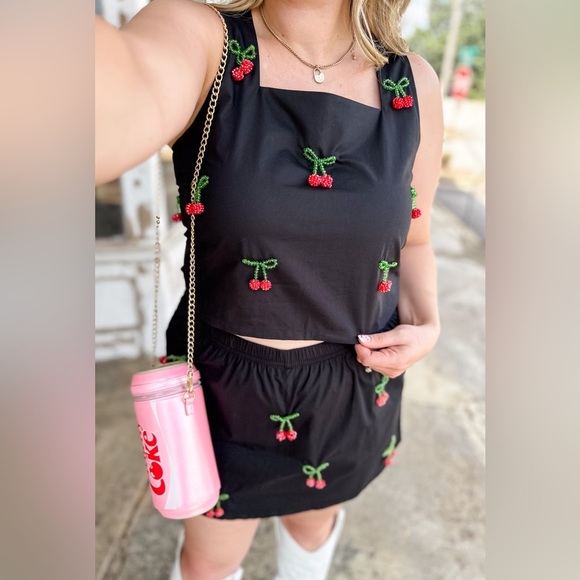 NWT SET Queen of Sparkles - Black Beaded Cherry Cotton and skort set - Small - Picture 5 of 9